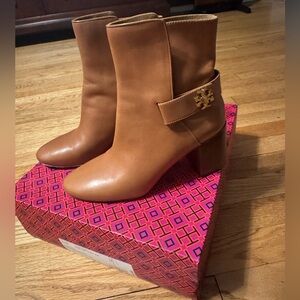 Tory Burch Tan Leather Mid-Calf Block Heel Ankle Boots